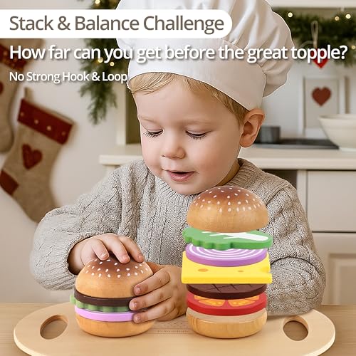Pillowhale Wooden Play Food Toy for Kids Pretend Play Kitchen Accessories for Toddlers Wooden Play Fast Food Hamburger Set Educational Toys Gift for Boys Girls - Image 5