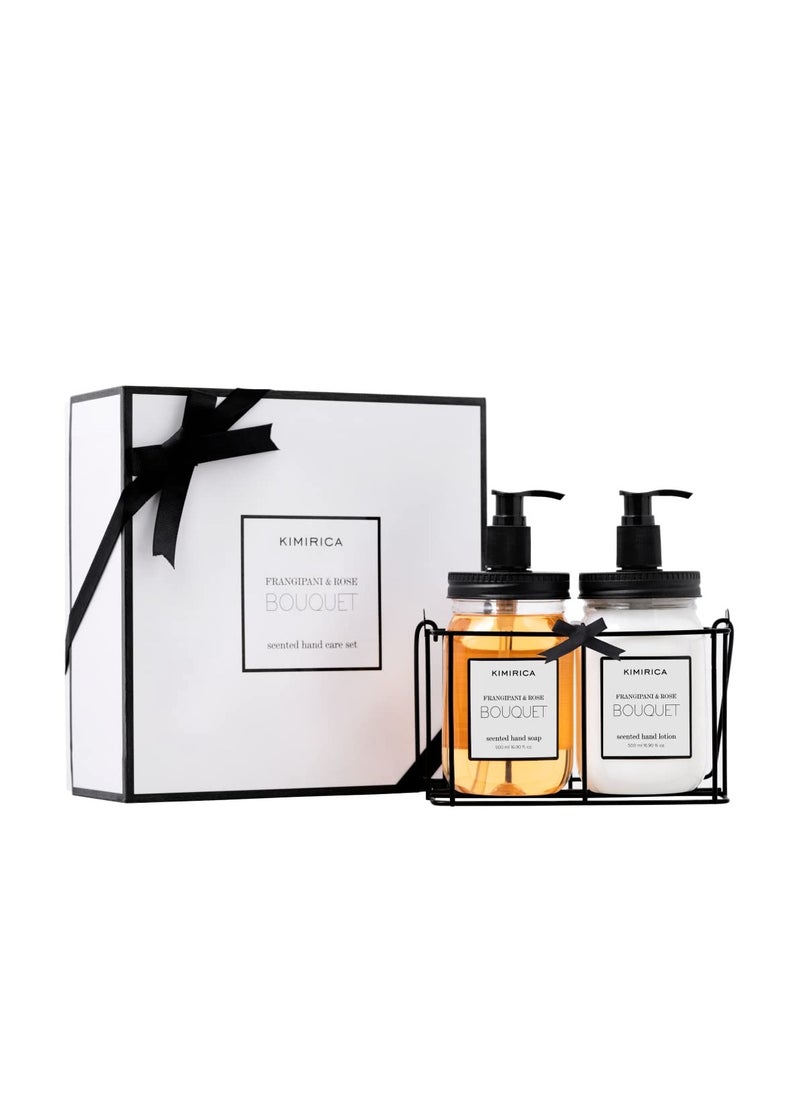 KIMIRICA - Kimirica Bouquet. Hand Wash Hand Lotion Duo set with Metal Caddy Goodness of Frangipani and Rose 100% Vegan Paraben Free - Image 1