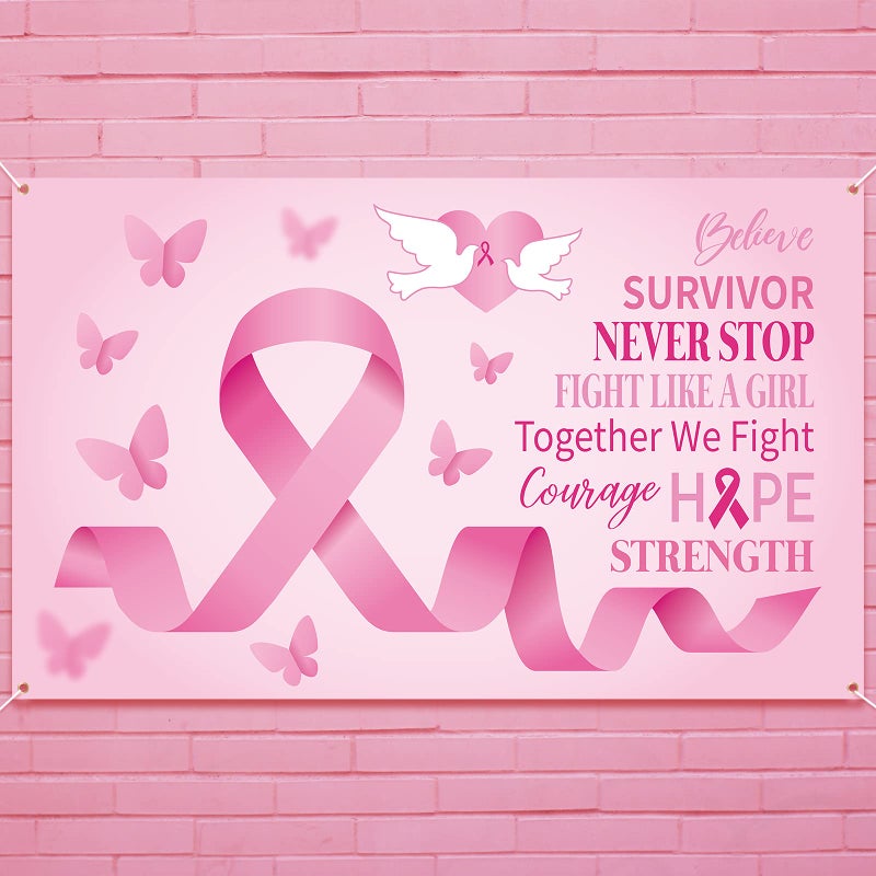 M1NTP1US + Breast Cancer Awareness Banner Decorations Pink Ribbon Backdrop Hope Background Party Supplies Decors - Image 2