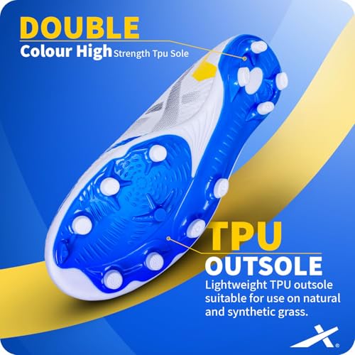 Vector X Rapid 2.0 3D Texture TPU Fusing | TPU Sole | Unique Design | Comfortable| Socce/Football Stud | Men, Youth, Boys (White-Blue) Size-6 - Image 3