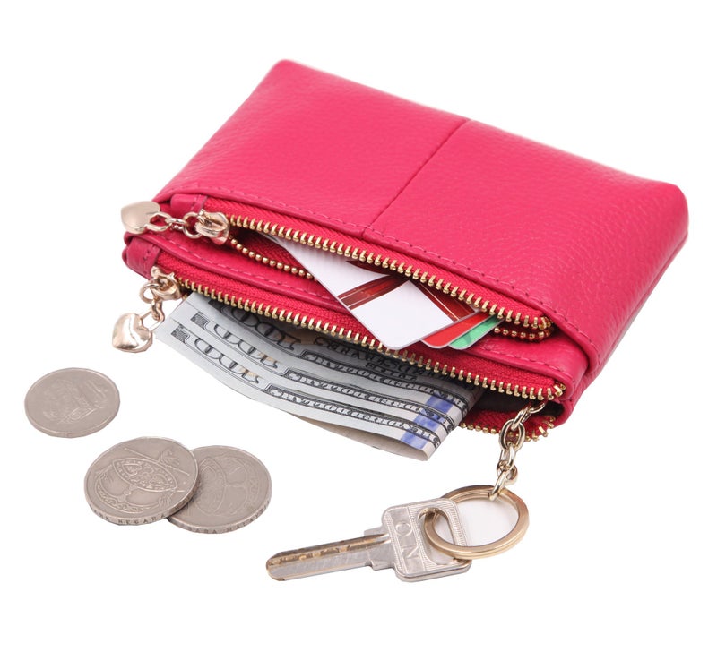 ZOOEASS Coin Purse Women Genuine Leather Zip Mini Purse With Key Ring Triple Zipper Card Holder Wallet (Rose) - Image 3