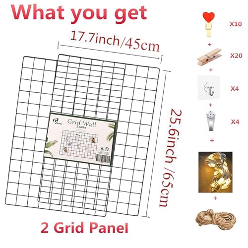 GBYAN 2 Pack Large Wall Grid Panels with Light and Clips, Photo Display Board, Picture Frame Collage Board, Wire Grid Wall Panel Room Decoration,Black - Image 3
