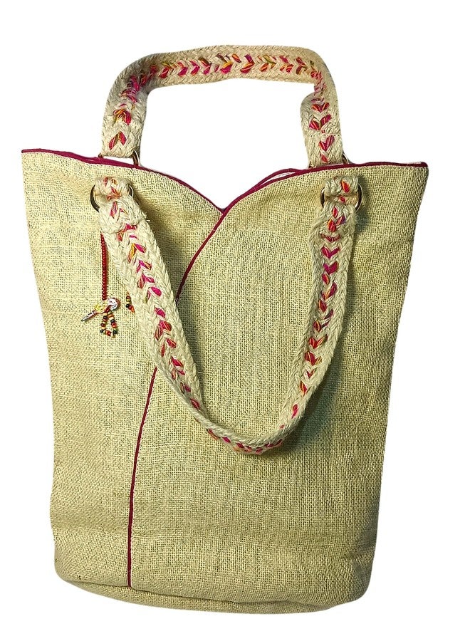 athizay Scoop Top Tote Jute Bag for Women - Cream White with Braided Handles & Parrot Charm | Natural Jute Shoulder Bag for Office, Shopping & Travel - Image 2