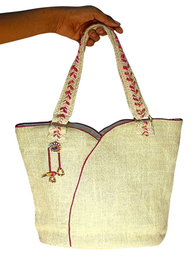 athizay Scoop Top Tote Jute Bag for Women - Cream White with Braided Handles & Parrot Charm | Natural Jute Shoulder Bag for Office, Shopping & Travel - Image 3
