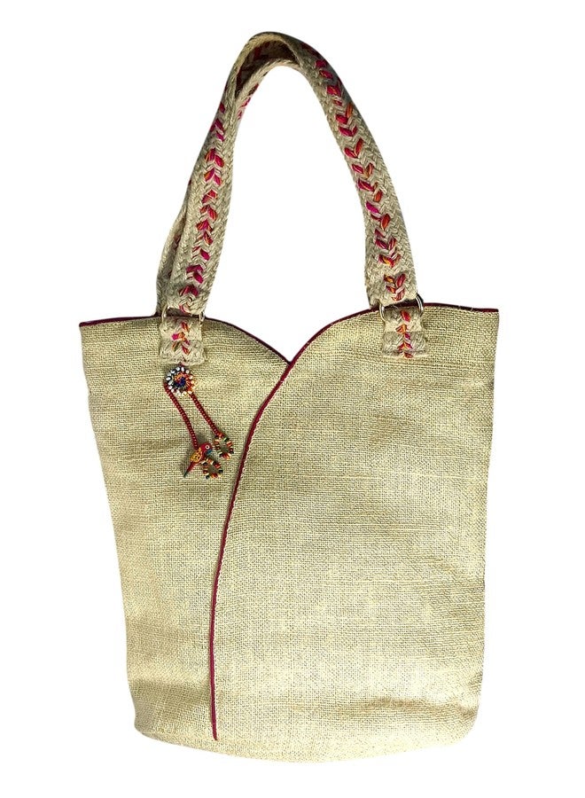 athizay Scoop Top Tote Jute Bag for Women - Cream White with Braided Handles & Parrot Charm | Natural Jute Shoulder Bag for Office, Shopping & Travel - Image 1