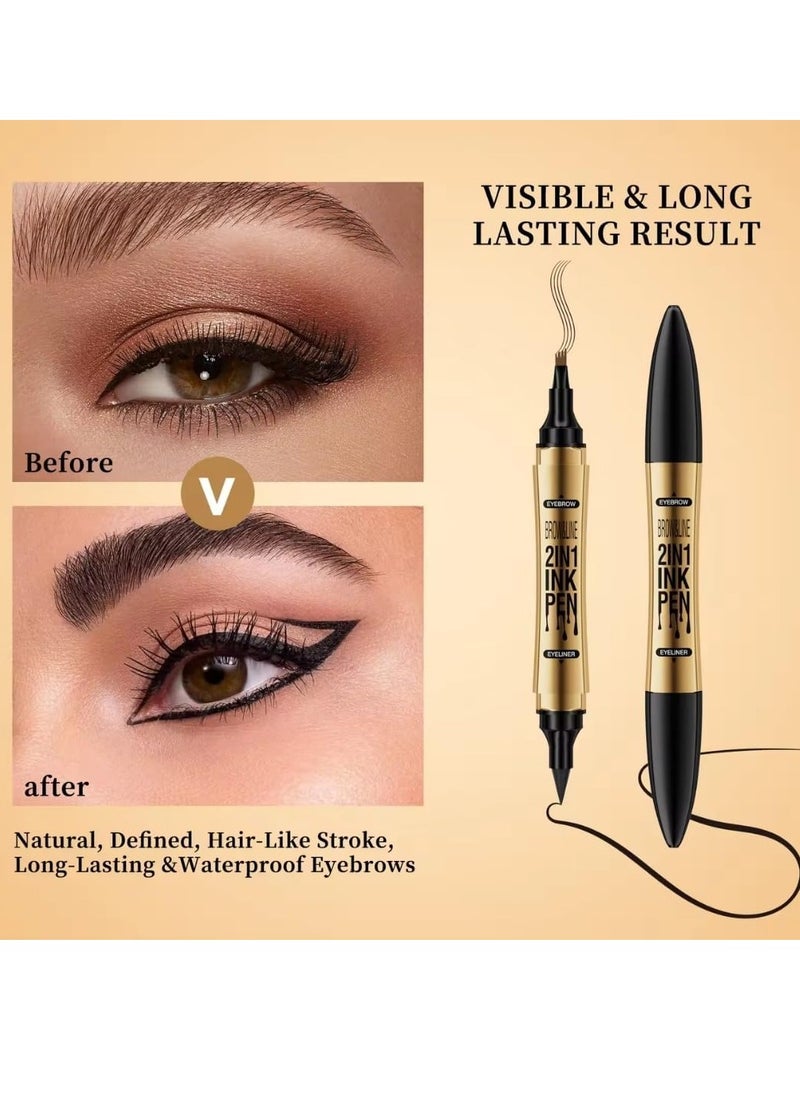 HelloKiss - Brow and Line 2in1 Ink Pen for Eyebrow and Eyeliner Pen Waterproof Eyeliner Pencil 3D Microblading Eyebrow Tattoo Pencil 4 Fork Tip with Eyeliner Grey Eyebrow and Black Eyeliner Pencil 03 - Image 1