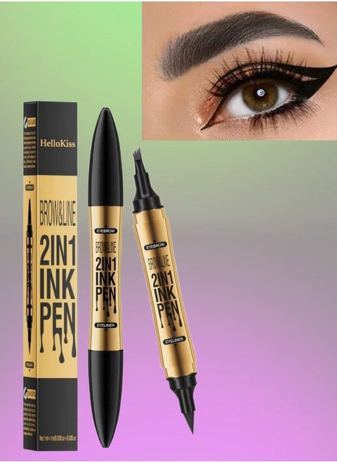 Brow and Line 2in1 Ink Pen for Eyebrow and Eyeliner Pen Waterproof Eyeliner Pencil 3D Microblading Eyebrow Tattoo Pencil 4 Fork Tip with Eyeliner Grey Eyebrow and Black Eyeliner Pencil 03