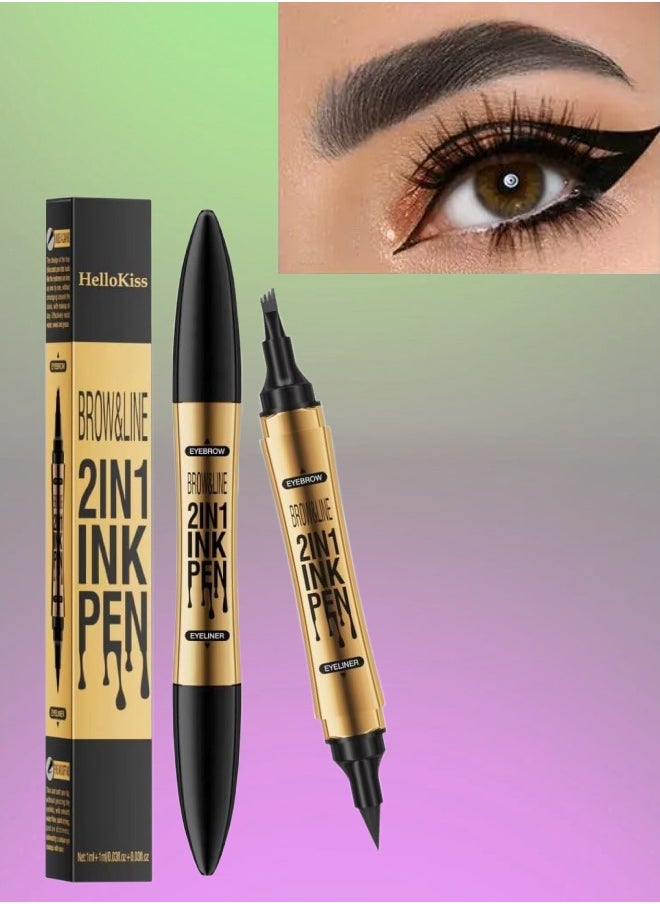 HelloKiss - Brow and Line 2in1 Ink Pen for Eyebrow and Eyeliner Pen Waterproof Eyeliner Pencil 3D Microblading Eyebrow Tattoo Pencil 4 Fork Tip with Eyeliner Grey Eyebrow and Black Eyeliner Pencil 03 - Image 1