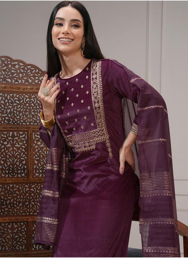 Vishudh Women Purple Embroidered Kurta Set with Dupatta by Styli  - Image 1