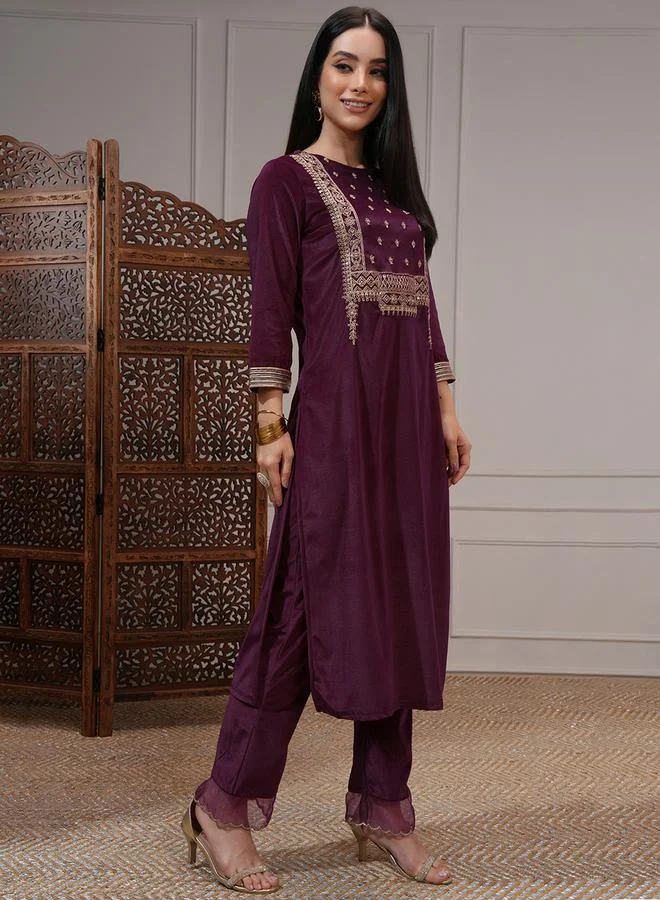 Vishudh Women Purple Embroidered Kurta Set with Dupatta by Styli