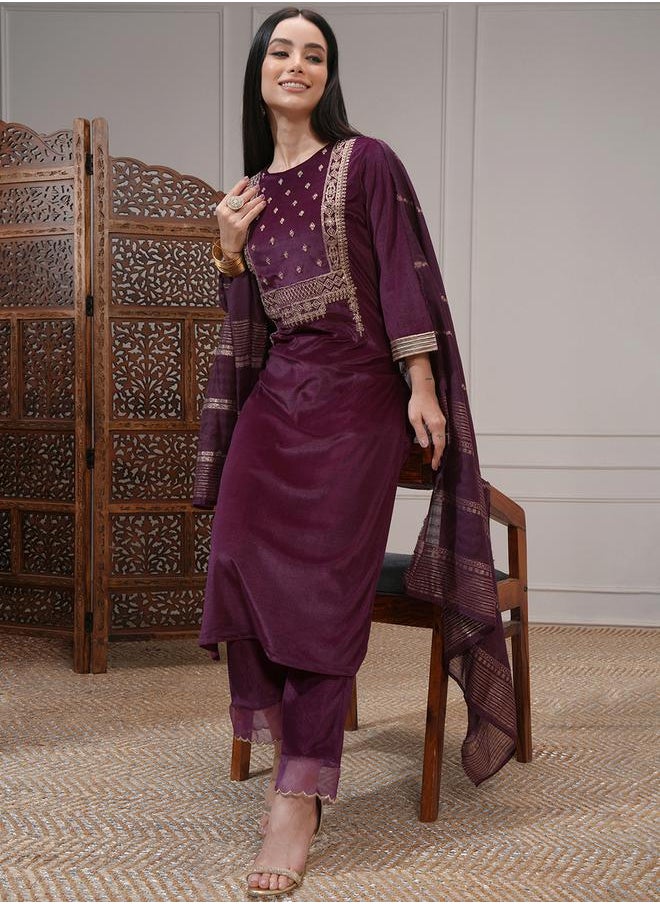 Vishudh Women Purple Embroidered Kurta Set with Dupatta by Styli  - Image 2