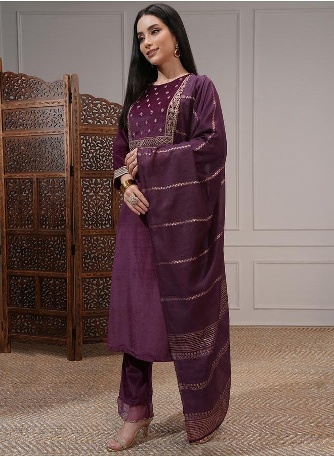 Vishudh Women Purple Embroidered Kurta Set with Dupatta by Styli  - Image 4