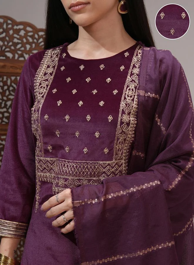 Vishudh Women Purple Embroidered Kurta Set with Dupatta by Styli