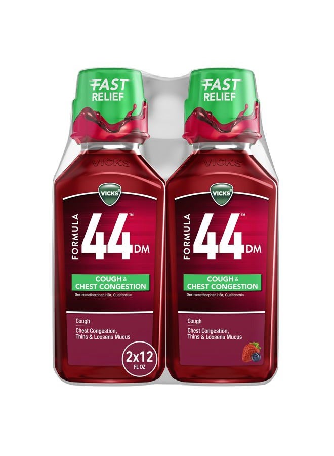 Vicks فورمولا 44 DM سائل السعال والاحتقان، دواء بدون وصفة طبية، نهار أو ليل، شراب السعال، تخفيف قوي للسعال والاحتقان، مثبط للسعال وطارد للبلغم، بنكهة التوت، 2x12 أونصة سائلة - Image 1