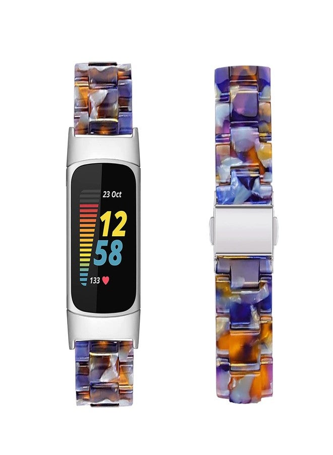 Omter Compatible with Resin Fitbit Charge 5 Band for Women Men Replacement Adjustable Wirstband Strap Bracelet(Flower Blue) - Image 1