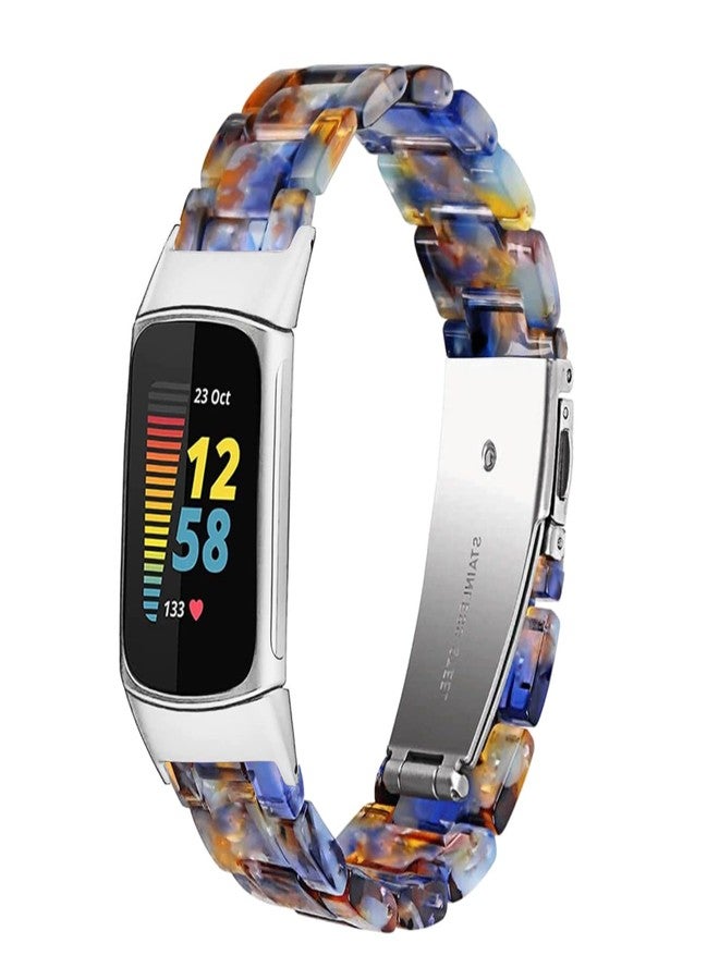 Omter Compatible with Resin Fitbit Charge 5 Band for Women Men Replacement Adjustable Wirstband Strap Bracelet(Flower Blue) - Image 2