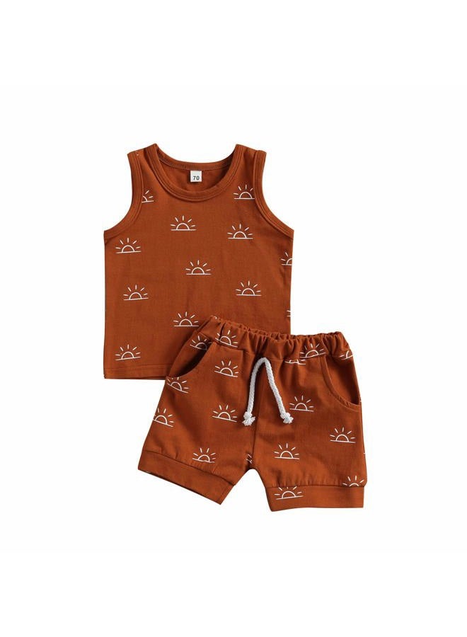 CIYCUIT 2Pcs Baby Boy Summer Clothes Sunshine Print Tank Top Shorts Set Outfits Brown 12-18 Months - Image 1