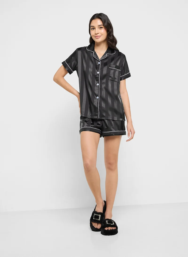 Ginger Self Stripe Satin Shirt & Short Pj Set