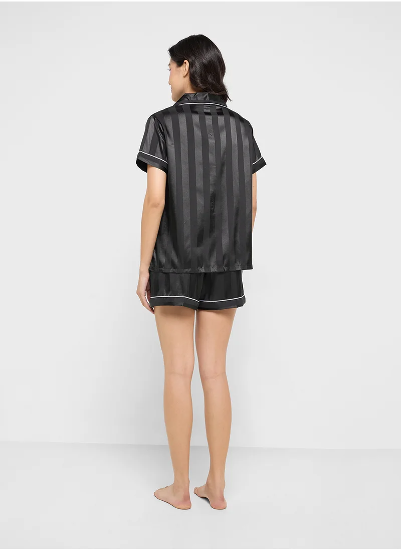 Ginger Self Stripe Satin Shirt & Short Pj Set