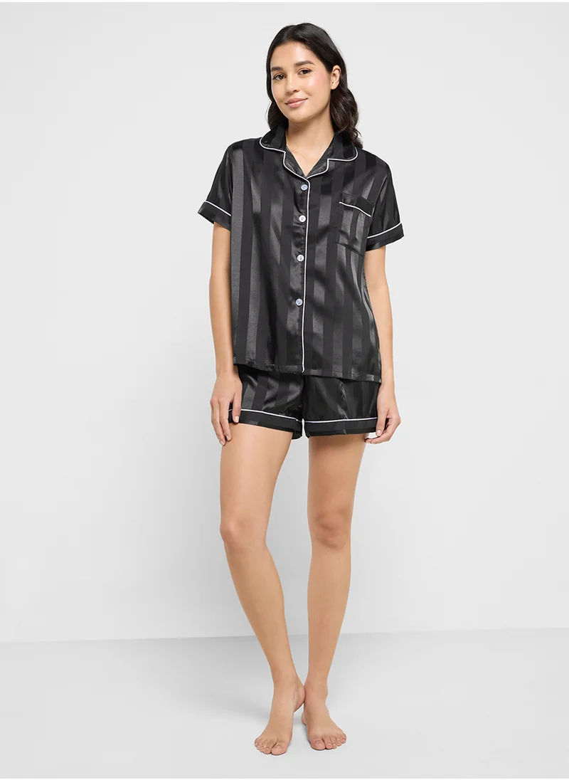 Ginger Self Stripe Satin Shirt & Short Pj Set