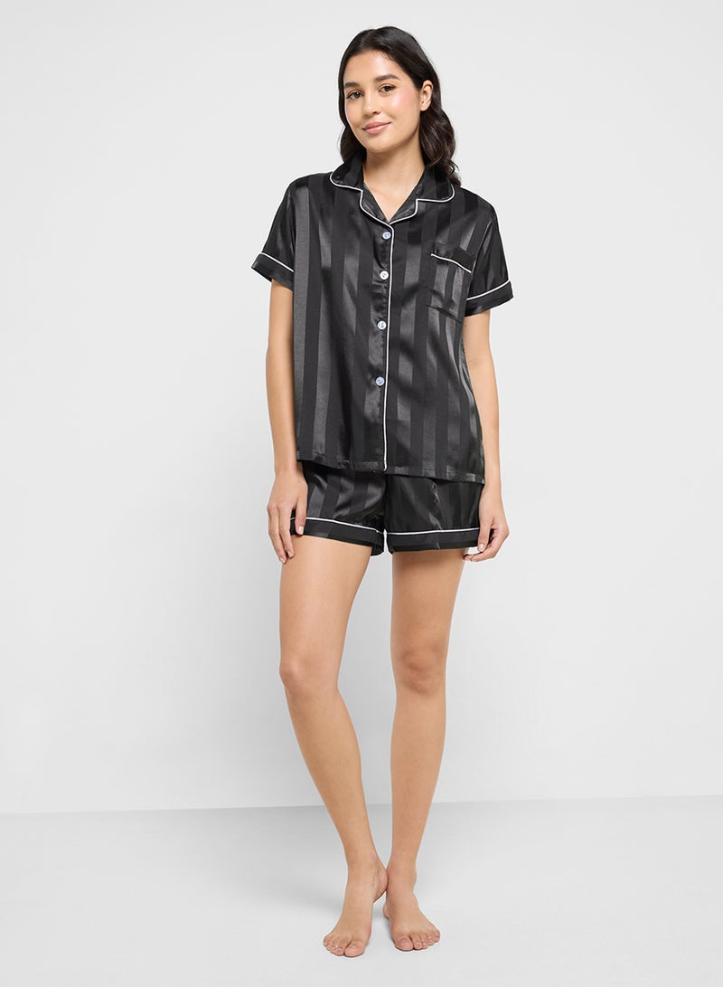 Ginger Self Stripe Satin Shirt & Short Pj Set  - Image 1