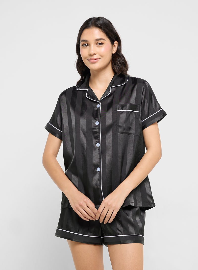 Ginger Self Stripe Satin Shirt & Short Pj Set  - Image 3
