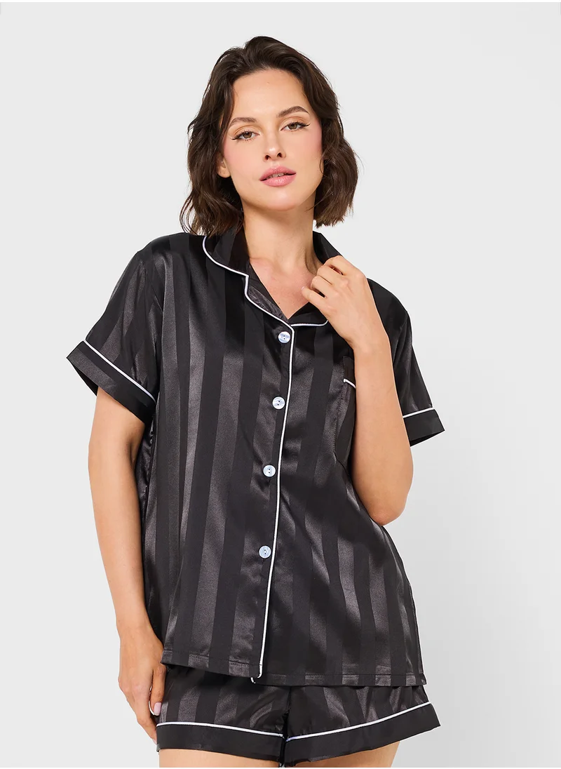 Ginger Self Stripe Satin Shirt & Short Pj Set