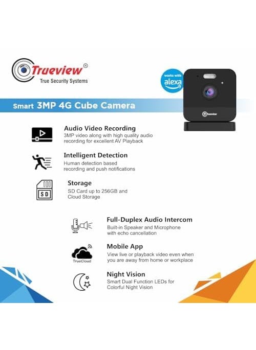 Trueview Smart Cube CCTV Security Camera for Home Office ShopSupport 10X Digital Zoom 3mp 4G Sim Based Cube Camera
