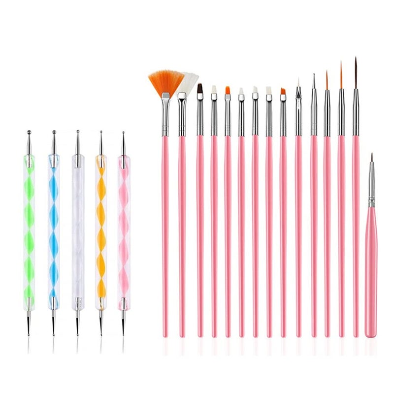 FULINJOY 20PCS Nail Art Design Tools 15PCS Painting Brushes Set with 5PCS Dotting Pens