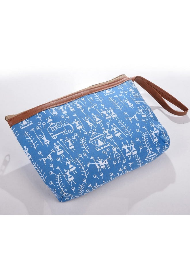 Kuber Industries - Kuber Industries Toiletry Pouch|Warli Print Travel Cosmetic Pouch|Canvas Waterproof Makeup Pouch with Handle|Pack of 2 (Blue) - Image 1