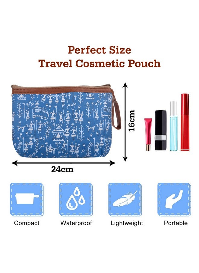 Kuber Industries - Kuber Industries Toiletry Pouch|Warli Print Travel Cosmetic Pouch|Canvas Waterproof Makeup Pouch with Handle|Pack of 2 (Blue) - Image 1