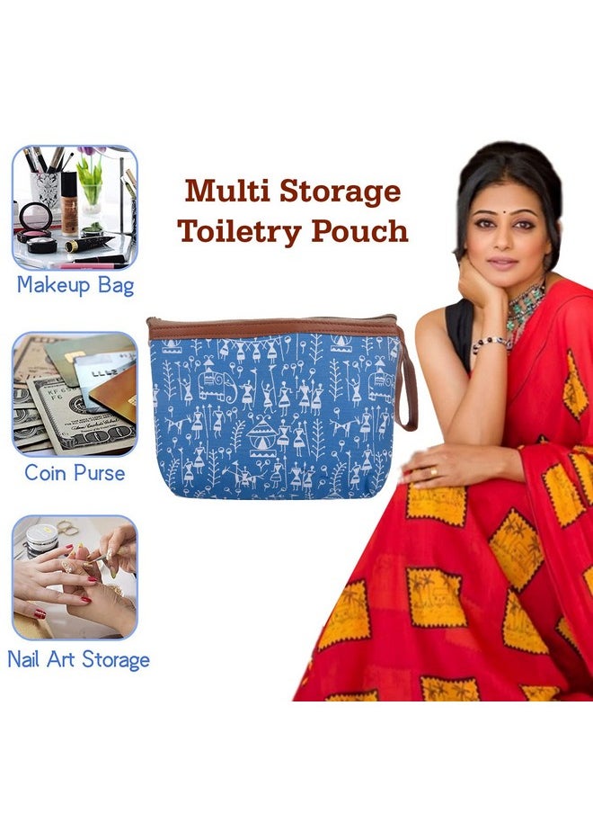 Kuber Industries - Kuber Industries Toiletry Pouch|Warli Print Travel Cosmetic Pouch|Canvas Waterproof Makeup Pouch with Handle|Pack of 2 (Blue) - Image 1