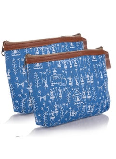 Kuber Industries Toiletry Pouch|Warli Print Travel Cosmetic Pouch|Canvas Waterproof Makeup Pouch with Handle|Pack of 2 (Blue)