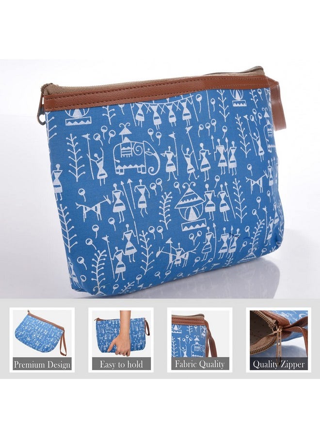 Kuber Industries - Kuber Industries Toiletry Pouch|Warli Print Travel Cosmetic Pouch|Canvas Waterproof Makeup Pouch with Handle|Pack of 2 (Blue) - Image 1