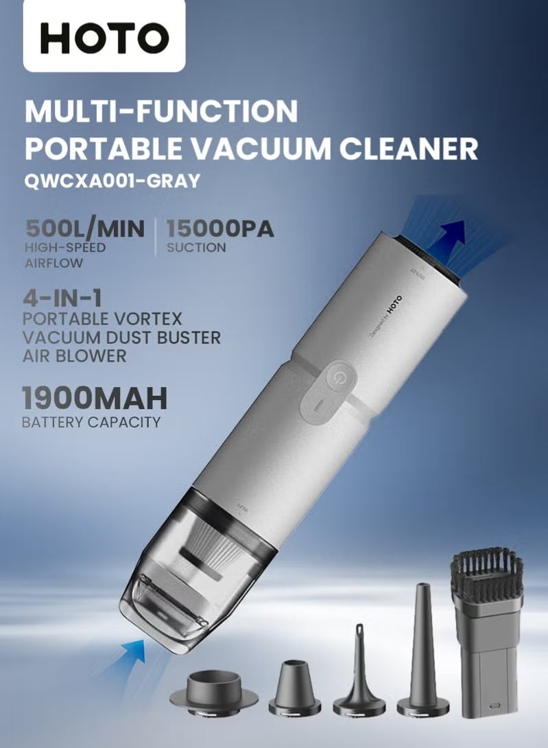 HOTO Portable Handheld Vacuum Cleaner – HOTO Multi-Function 4-in-1 Cordless Vacuum & Air Blower, 15000Pa Suction, USB Rechargeable Mini Cleaner for Home, Car, Electronics – Model QWCXA001 Grey - Image 2