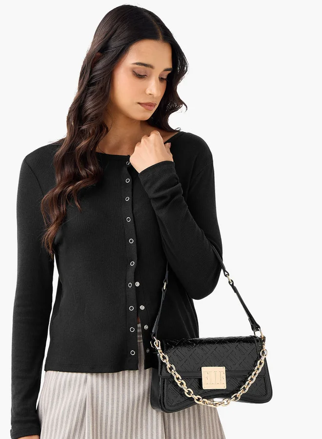 ELLE Monogram Embossed Shoulder Bag with Button Closure