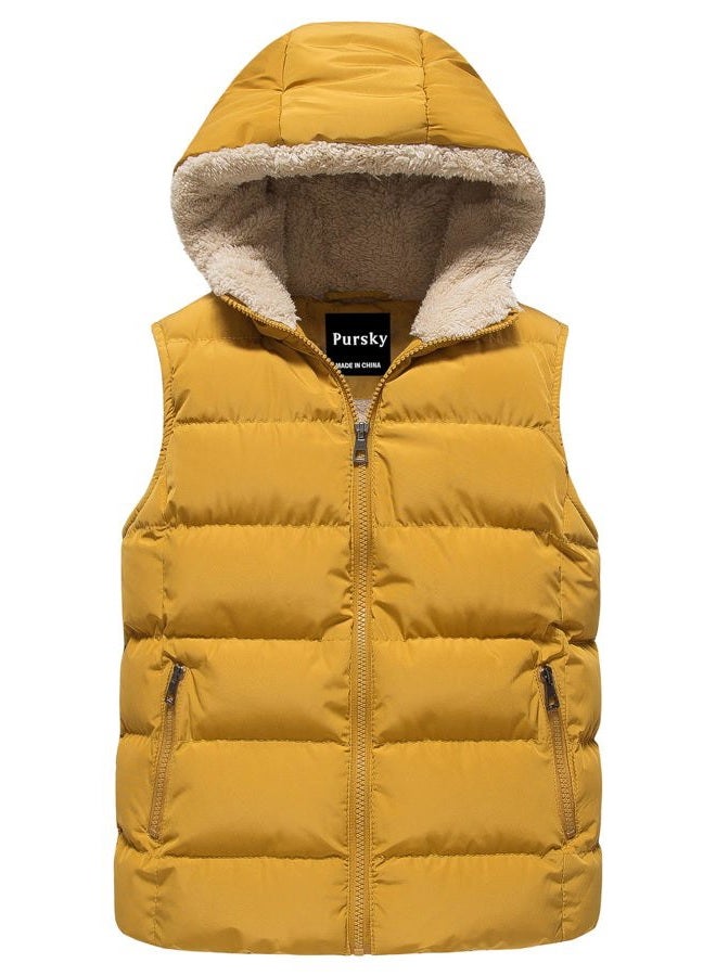 Pursky Girl's and Boy's Hooded Warm Puffer Vest Outerwear Soft Flannel Lined Insulation Waistcoat, Yellow, 10-12 Years - Image 1