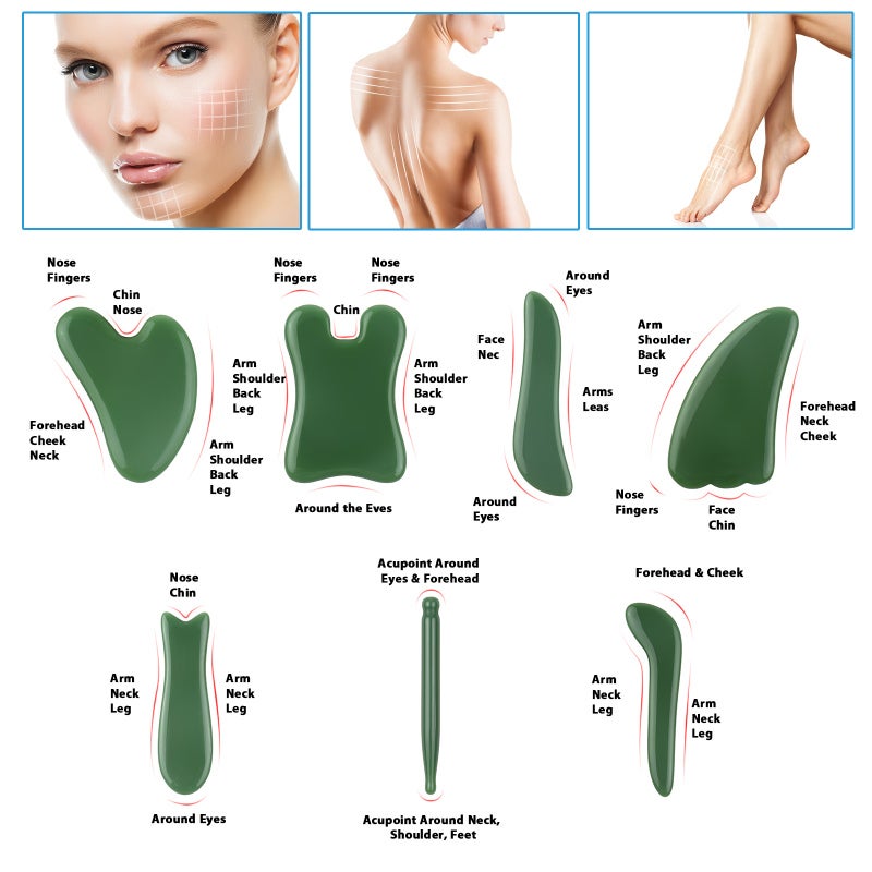 Green Jade Gua Sha Massage Tools - Ergonomic Multi-Use Relaxation Wellness Tools for Facial Neck Body Muscle Pain Relief Skin Tightening - Image 4