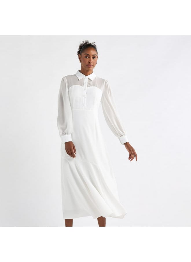 FAV - Solid A-line Shirt Dress with Long Sleeves - Image 1