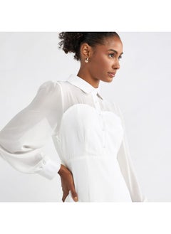FAV Solid A-line Shirt Dress with Long Sleeves  - Image 4