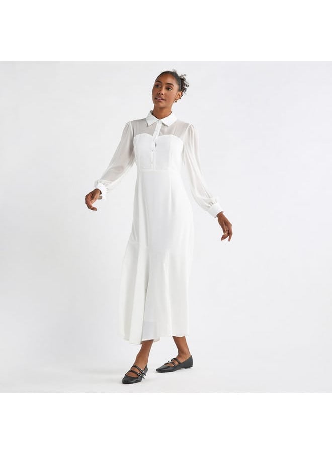 FAV - Solid A-line Shirt Dress with Long Sleeves - Image 1