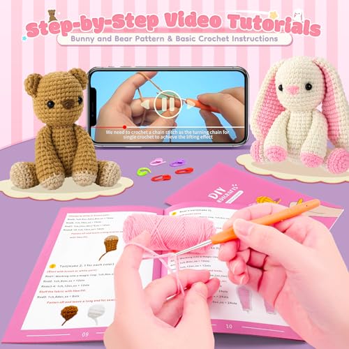 Fighting to Achieve Easter Crochet Kit for Beginners, Bunny and Bear Crochet Kit with Step-by-Step Video Tutorials, Crocheting Kit for Starter, Beginner Crochet Kit for Adult, Stuffed Animal Knitting Kit for Birthday - Image 4