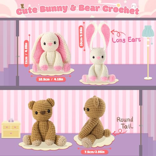 Fighting to Achieve Easter Crochet Kit for Beginners, Bunny and Bear Crochet Kit with Step-by-Step Video Tutorials, Crocheting Kit for Starter, Beginner Crochet Kit for Adult, Stuffed Animal Knitting Kit for Birthday - Image 3