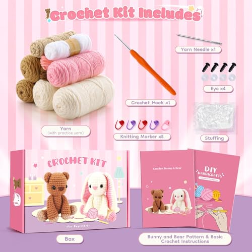 Fighting to Achieve Easter Crochet Kit for Beginners, Bunny and Bear Crochet Kit with Step-by-Step Video Tutorials, Crocheting Kit for Starter, Beginner Crochet Kit for Adult, Stuffed Animal Knitting Kit for Birthday - Image 2