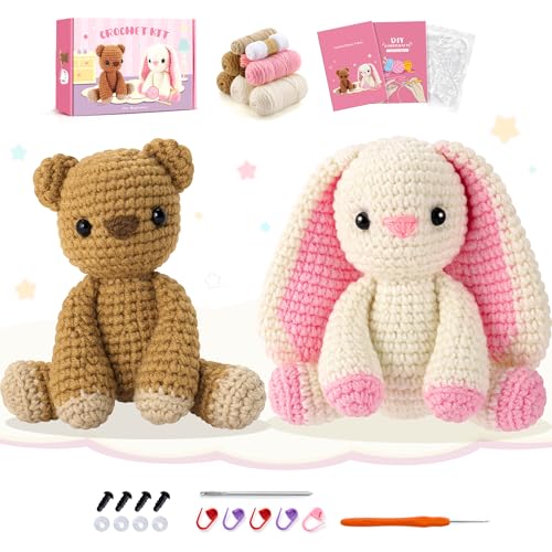 Fighting to Achieve Easter Crochet Kit for Beginners, Bunny and Bear Crochet Kit with Step-by-Step Video Tutorials, Crocheting Kit for Starter, Beginner Crochet Kit for Adult, Stuffed Animal Knitting Kit for Birthday - Image 1