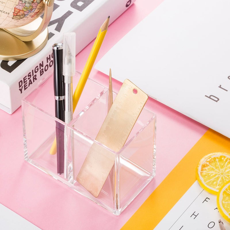 Gejoy Acrylic Pencil Pen Holder Clear Makeup Brush Organizer 2 Compartments for Desktop Stationery Office Bedroom - Image 3