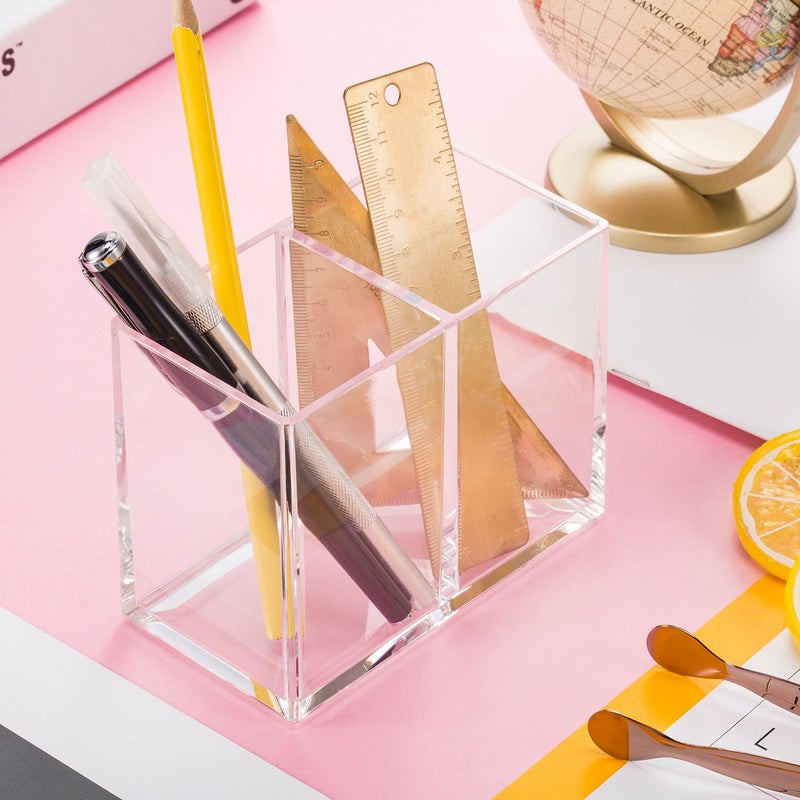 Gejoy Acrylic Pencil Pen Holder Clear Makeup Brush Organizer 2 Compartments for Desktop Stationery Office Bedroom - Image 5