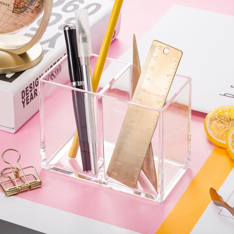 Gejoy Acrylic Pencil Pen Holder Clear Makeup Brush Organizer 2 Compartments for Desktop Stationery Office Bedroom - Image 4