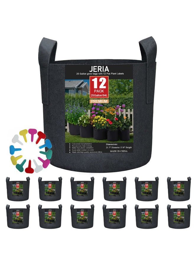 JERIA 12-Pack 25 Gallon, Vegetable/Flower/Plant Grow Bags, Aeration Fabric Pots with Handles (Black), Come with 12 Pcs Plant Labels - Image 1