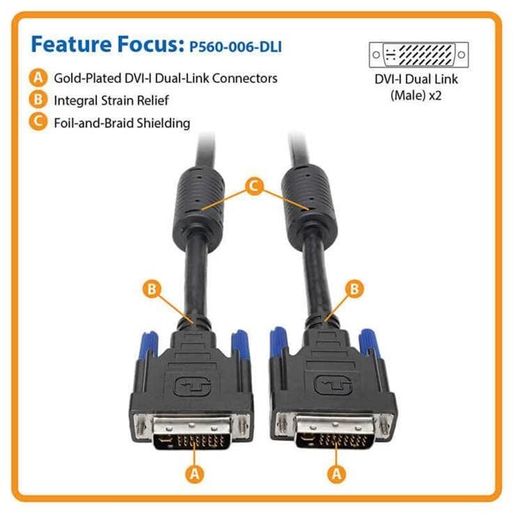 Tripp Lite DVI-I Dual Link Digital and Analog Monitor Cable (DVI-I M/M), 2560 x 1600, 6-ft.(P560-006-DLI),Black - Image 2